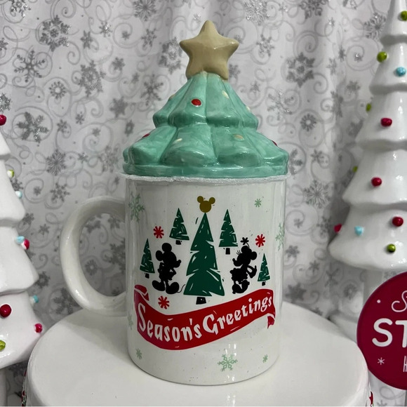 New Disney Mickey & Minnie Mouse Mug W/ Christmas Tree & Star Topper Lid 18 Oz. - Picture 4 of 10